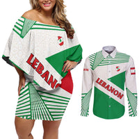 Lebanon Flag Shield Couples Matching Off Shoulder Short Dress and Long Sleeve Button Shirt with Cedar Emblem and National Colors