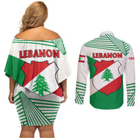 Lebanon Flag Shield Couples Matching Off Shoulder Short Dress and Long Sleeve Button Shirt with Cedar Emblem and National Colors