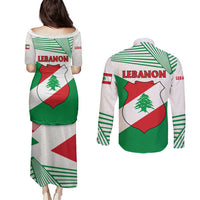 Lebanon Flag Shield Couples Matching Puletasi and Long Sleeve Button Shirt with Cedar Emblem and National Colors