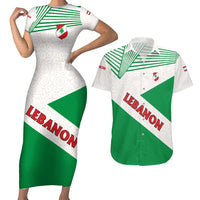 Lebanon Flag Shield Couples Matching Short Sleeve Bodycon Dress and Hawaiian Shirt with Cedar Emblem and National Colors