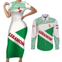 Lebanon Flag Shield Couples Matching Short Sleeve Bodycon Dress and Long Sleeve Button Shirt with Cedar Emblem and National Colors