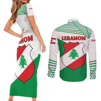 Lebanon Flag Shield Couples Matching Short Sleeve Bodycon Dress and Long Sleeve Button Shirt with Cedar Emblem and National Colors