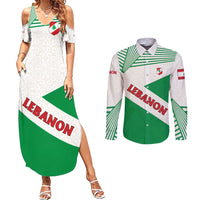 Lebanon Flag Shield Couples Matching Summer Maxi Dress and Long Sleeve Button Shirt with Cedar Emblem and National Colors