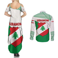 Lebanon Flag Shield Couples Matching Summer Maxi Dress and Long Sleeve Button Shirt with Cedar Emblem and National Colors