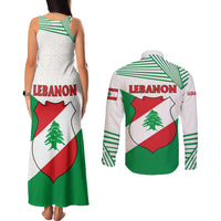 Lebanon Flag Shield Couples Matching Tank Maxi Dress and Long Sleeve Button Shirt with Cedar Emblem and National Colors
