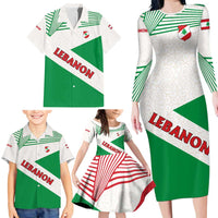 Lebanon Flag Shield Family Matching Long Sleeve Bodycon Dress and Hawaiian Shirt with Cedar Emblem and National Colors