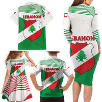 Lebanon Flag Shield Family Matching Long Sleeve Bodycon Dress and Hawaiian Shirt with Cedar Emblem and National Colors