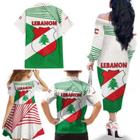 Lebanon Flag Shield Family Matching Off The Shoulder Long Sleeve Dress and Hawaiian Shirt with Cedar Emblem and National Colors