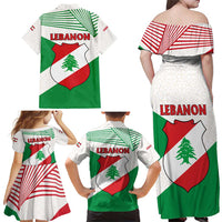 Lebanon Flag Shield Family Matching Off Shoulder Maxi Dress and Hawaiian Shirt with Cedar Emblem and National Colors