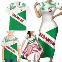 Lebanon Flag Shield Family Matching Short Sleeve Bodycon Dress and Hawaiian Shirt with Cedar Emblem and National Colors