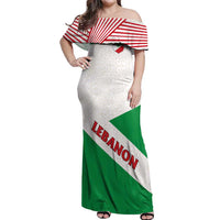 Lebanon Flag Shield Off Shoulder Maxi Dress with Cedar Emblem and National Colors