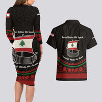 Lebanon Phoenician Ship Couples Matching Long Sleeve Bodycon Dress and Hawaiian Shirt with Byblos Heritage and Cedar Sail Design