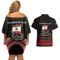 Lebanon Phoenician Ship Couples Matching Off Shoulder Short Dress and Hawaiian Shirt with Byblos Heritage and Cedar Sail Design