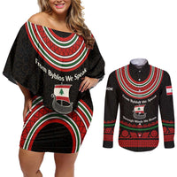 Lebanon Phoenician Ship Couples Matching Off Shoulder Short Dress and Long Sleeve Button Shirt with Byblos Heritage and Cedar Sail Design