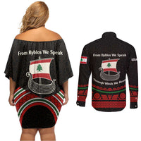 Lebanon Phoenician Ship Couples Matching Off Shoulder Short Dress and Long Sleeve Button Shirt with Byblos Heritage and Cedar Sail Design