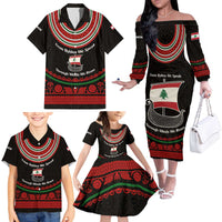 Lebanon Phoenician Ship Family Matching Off The Shoulder Long Sleeve Dress and Hawaiian Shirt with Byblos Heritage and Cedar Sail Design