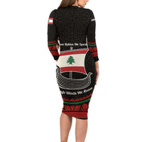 Lebanon Phoenician Ship Long Sleeve Bodycon Dress with Byblos Heritage and Cedar Sail Design