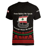 Lebanon Phoenician Ship Women V-Neck T-Shirt with Byblos Heritage and Cedar Sail Design