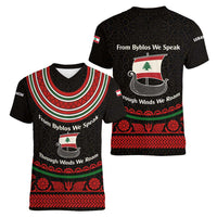 Lebanon Phoenician Ship Women V-Neck T-Shirt with Byblos Heritage and Cedar Sail Design