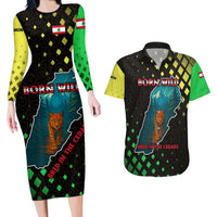 Lebanon Wild Cedar Forest Couples Matching Long Sleeve Bodycon Dress and Hawaiian Shirt with Leopard and National Map Design