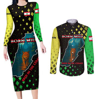 Lebanon Wild Cedar Forest Couples Matching Long Sleeve Bodycon Dress and Long Sleeve Button Shirt with Leopard and National Map Design
