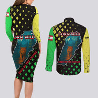 Lebanon Wild Cedar Forest Couples Matching Long Sleeve Bodycon Dress and Long Sleeve Button Shirt with Leopard and National Map Design