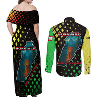 Lebanon Wild Cedar Forest Couples Matching Off Shoulder Maxi Dress and Long Sleeve Button Shirt with Leopard and National Map Design