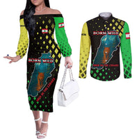 Lebanon Wild Cedar Forest Couples Matching Off The Shoulder Long Sleeve Dress and Long Sleeve Button Shirt with Leopard and National Map Design