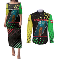 Lebanon Wild Cedar Forest Couples Matching Puletasi and Long Sleeve Button Shirt with Leopard and National Map Design