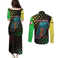 Lebanon Wild Cedar Forest Couples Matching Puletasi and Long Sleeve Button Shirt with Leopard and National Map Design