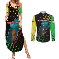 Lebanon Wild Cedar Forest Couples Matching Summer Maxi Dress and Long Sleeve Button Shirt with Leopard and National Map Design