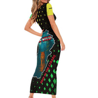 Lebanon Wild Cedar Forest Short Sleeve Bodycon Dress with Leopard and National Map Design