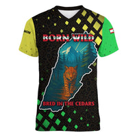 Lebanon Wild Cedar Forest Women V-Neck T-Shirt with Leopard and National Map Design