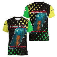 Lebanon Wild Cedar Forest Women V-Neck T-Shirt with Leopard and National Map Design