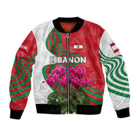 Lebanon Cyclamen Flower Bomber Jacket with Patriotic Colors and Inspirational Quote