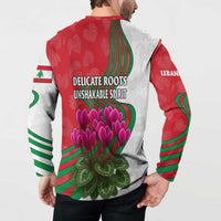 Lebanon Cyclamen Flower Button Sweatshirt with Patriotic Colors and Inspirational Quote