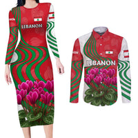 Lebanon Cyclamen Flower Couples Matching Long Sleeve Bodycon Dress and Long Sleeve Button Shirt with Patriotic Colors and Inspirational Quote