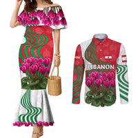 Lebanon Cyclamen Flower Couples Matching Mermaid Dress and Long Sleeve Button Shirt with Patriotic Colors and Inspirational Quote
