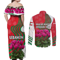 Lebanon Cyclamen Flower Couples Matching Off Shoulder Maxi Dress and Long Sleeve Button Shirt with Patriotic Colors and Inspirational Quote
