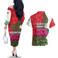 Lebanon Cyclamen Flower Couples Matching Off The Shoulder Long Sleeve Dress and Hawaiian Shirt with Patriotic Colors and Inspirational Quote