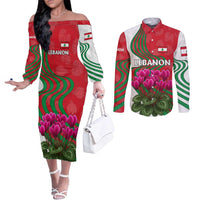 Lebanon Cyclamen Flower Couples Matching Off The Shoulder Long Sleeve Dress and Long Sleeve Button Shirt with Patriotic Colors and Inspirational Quote