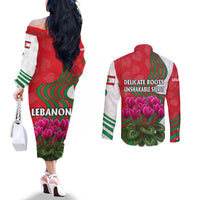 Lebanon Cyclamen Flower Couples Matching Off The Shoulder Long Sleeve Dress and Long Sleeve Button Shirt with Patriotic Colors and Inspirational Quote