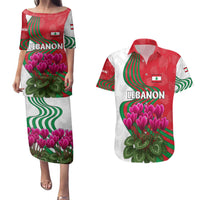 Lebanon Cyclamen Flower Couples Matching Puletasi and Hawaiian Shirt with Patriotic Colors and Inspirational Quote