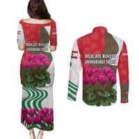 Lebanon Cyclamen Flower Couples Matching Puletasi and Long Sleeve Button Shirt with Patriotic Colors and Inspirational Quote