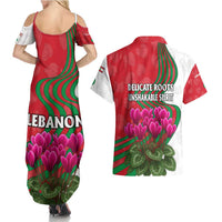 Lebanon Cyclamen Flower Couples Matching Summer Maxi Dress and Hawaiian Shirt with Patriotic Colors and Inspirational Quote