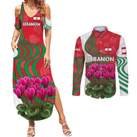 Lebanon Cyclamen Flower Couples Matching Summer Maxi Dress and Long Sleeve Button Shirt with Patriotic Colors and Inspirational Quote
