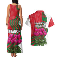 Lebanon Cyclamen Flower Couples Matching Tank Maxi Dress and Hawaiian Shirt with Patriotic Colors and Inspirational Quote