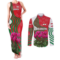 Lebanon Cyclamen Flower Couples Matching Tank Maxi Dress and Long Sleeve Button Shirt with Patriotic Colors and Inspirational Quote