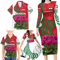 Lebanon Cyclamen Flower Family Matching Long Sleeve Bodycon Dress and Hawaiian Shirt with Patriotic Colors and Inspirational Quote
