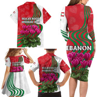 Lebanon Cyclamen Flower Family Matching Long Sleeve Bodycon Dress and Hawaiian Shirt with Patriotic Colors and Inspirational Quote